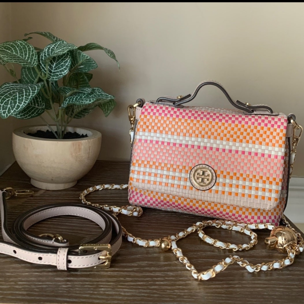 Tory Burch Jane Woven Leather Top Handle Purse Bag